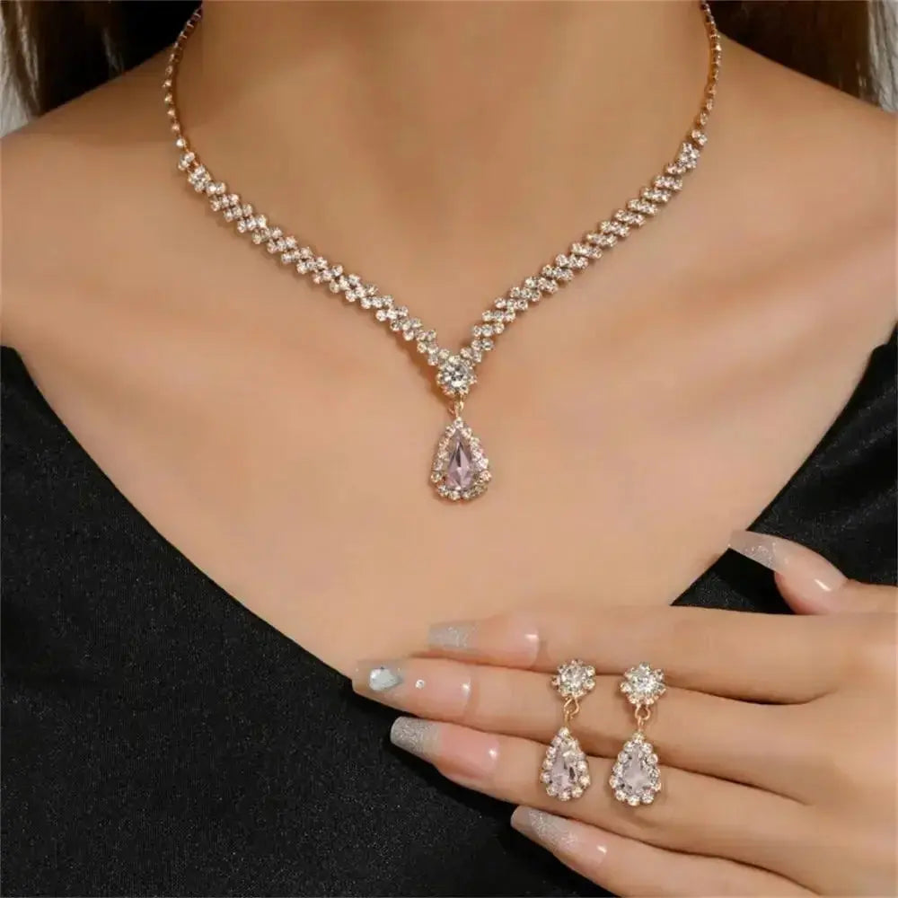 Jewelry Sets Women Elegant Waterdrop Rhinestone Pendant Necklace stud Earrings Wedding Dress Bridal Jewelry Set Natalia Home Fashion Pink-2 Natalia Home Fashion