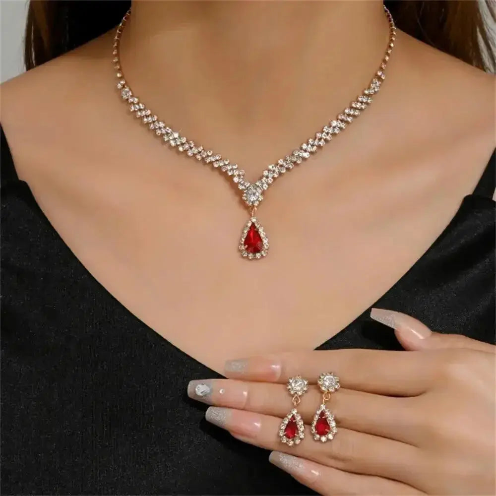 Jewelry Sets Women Elegant Waterdrop Rhinestone Pendant Necklace stud Earrings Wedding Dress Bridal Jewelry Set Natalia Home Fashion Gold-red-2 Natalia Home Fashion