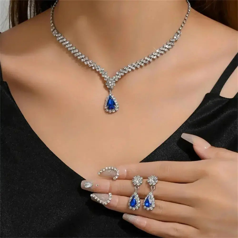 Jewelry Sets Women Elegant Waterdrop Rhinestone Pendant Necklace stud Earrings Wedding Dress Bridal Jewelry Set Natalia Home Fashion Blue-2 Natalia Home Fashion