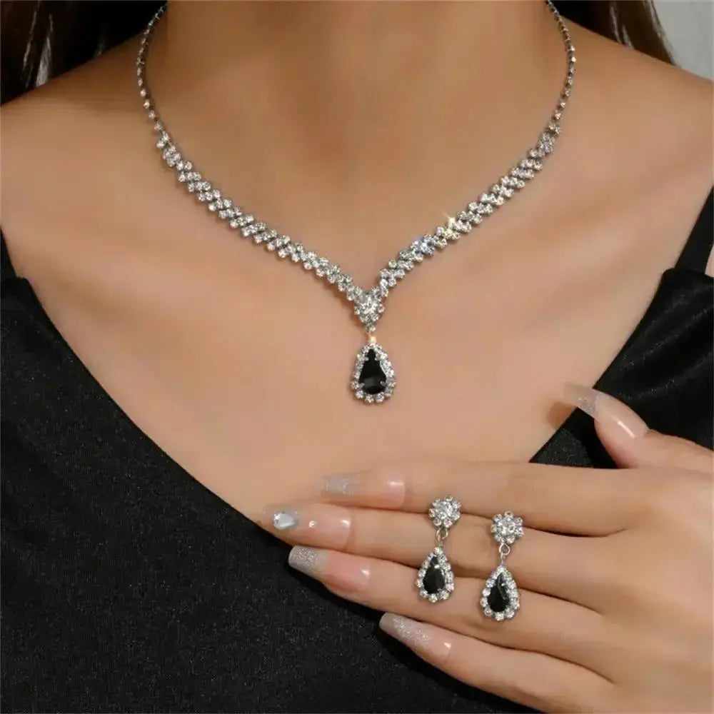 Jewelry Sets Women Elegant Waterdrop Rhinestone Pendant Necklace stud Earrings Wedding Dress Bridal Jewelry Set Natalia Home Fashion Black-2 Natalia Home Fashion
