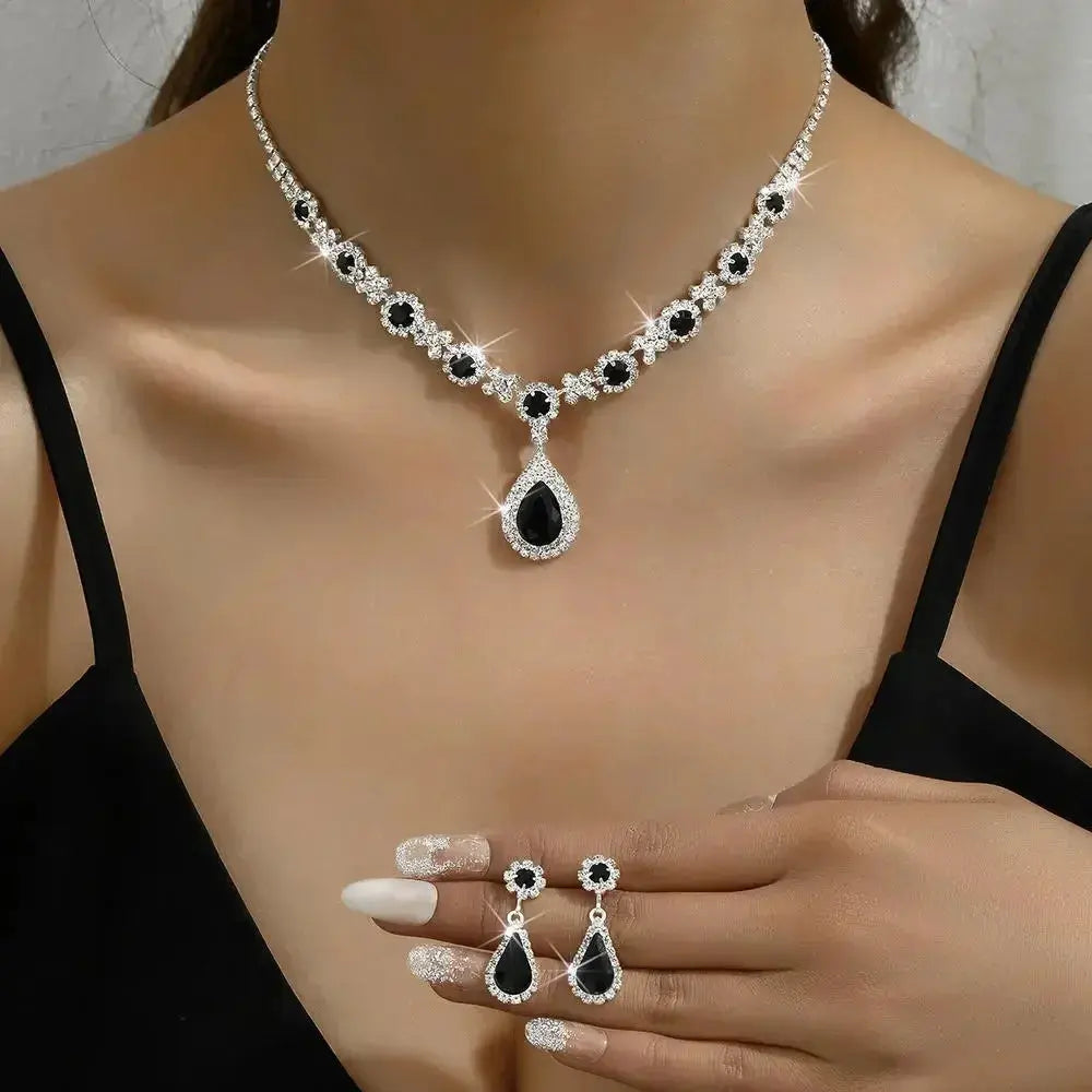 Jewelry Sets Women Elegant Waterdrop Rhinestone Pendant Necklace stud Earrings Wedding Dress Bridal Jewelry Set Natalia Home Fashion Black Natalia Home Fashion