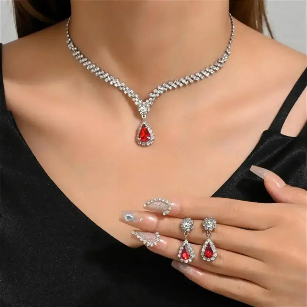 Jewelry Sets Women Elegant Waterdrop Rhinestone Pendant Necklace stud Earrings Wedding Dress Bridal Jewelry Set Natalia Home Fashion Silver-red-2 Natalia Home Fashion