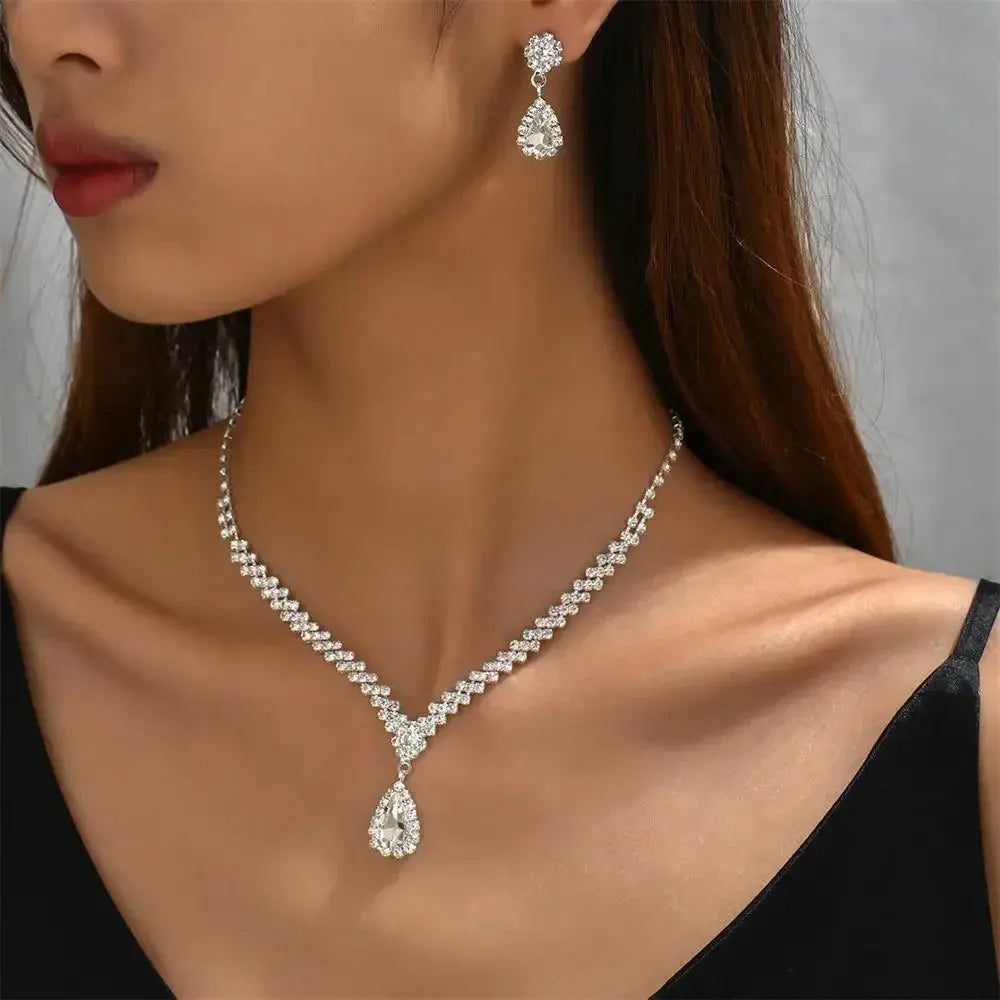 Jewelry Sets Women Elegant Waterdrop Rhinestone Pendant Necklace stud Earrings Wedding Dress Bridal Jewelry Set Natalia Home Fashion White-2 Natalia Home Fashion