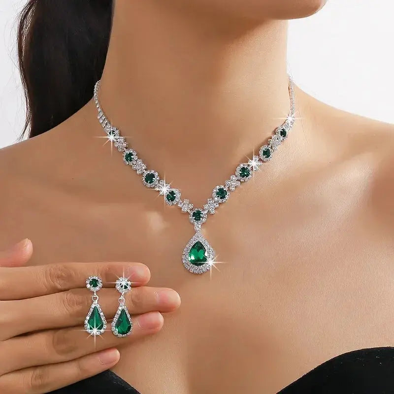 Jewelry Sets Women Elegant Waterdrop Rhinestone Pendant Necklace stud Earrings Wedding Dress Bridal Jewelry Set Natalia Home Fashion Green Natalia Home Fashion