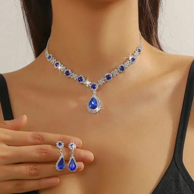 Jewelry Sets Women Elegant Waterdrop Rhinestone Pendant Necklace stud Earrings Wedding Dress Bridal Jewelry Set Natalia Home Fashion Royal-blue Natalia Home Fashion