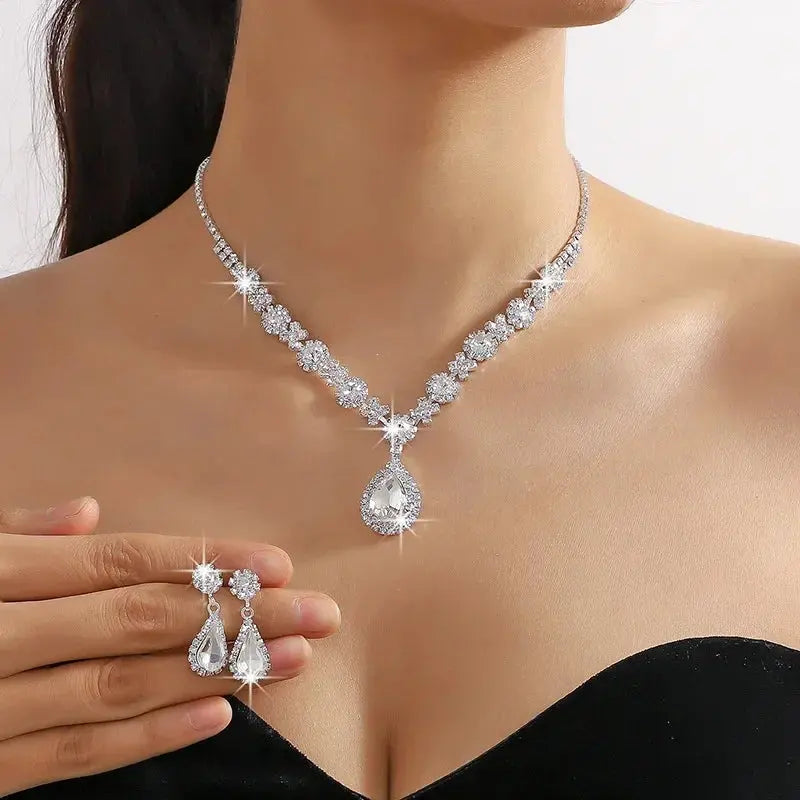 Jewelry Sets Women Elegant Waterdrop Rhinestone Pendant Necklace stud Earrings Wedding Dress Bridal Jewelry Set Natalia Home Fashion White Natalia Home Fashion