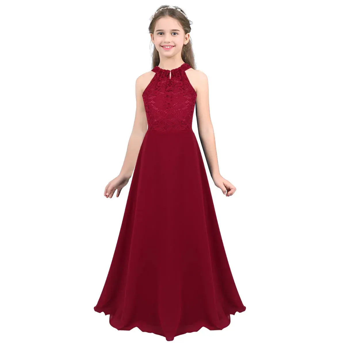 Kids Chiffon Floral Lace Cutout Back Flower Girl Dress Childs Girls Children Wedding Birthday Party Clothes Natalia Home Fashion Dress Burgundy-16 Natalia Home Fashion
