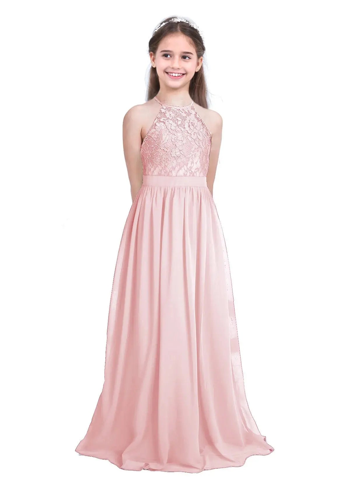 Kids Chiffon Floral Lace Cutout Back Flower Girl Dress Childs Girls Children Wedding Birthday Party Clothes Natalia Home Fashion Dress Pearl-Pink-A-16 Natalia Home Fashion