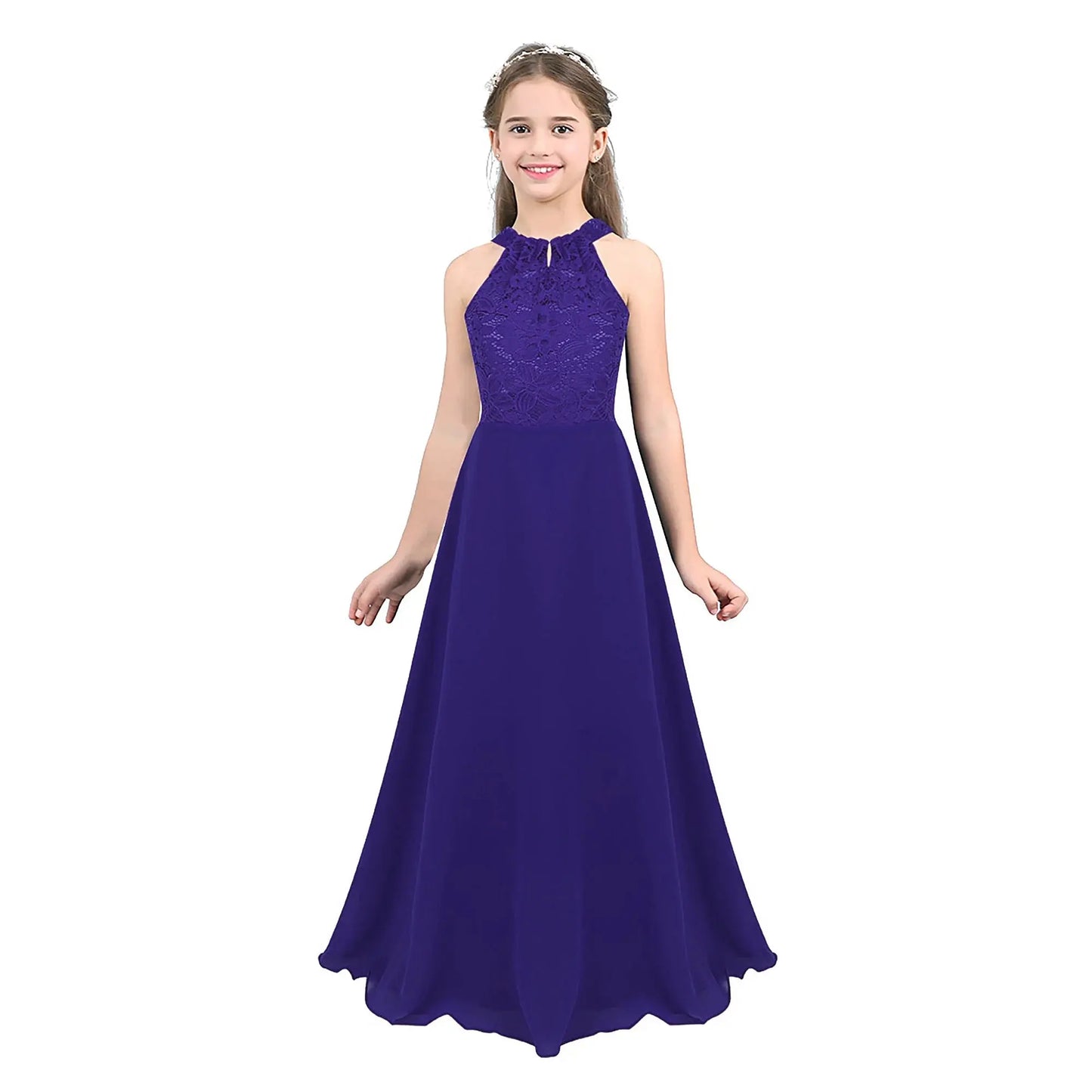 Kids Chiffon Floral Lace Cutout Back Flower Girl Dress Childs Girls Children Wedding Birthday Party Clothes Natalia Home Fashion Dress Purple-12 Natalia Home Fashion