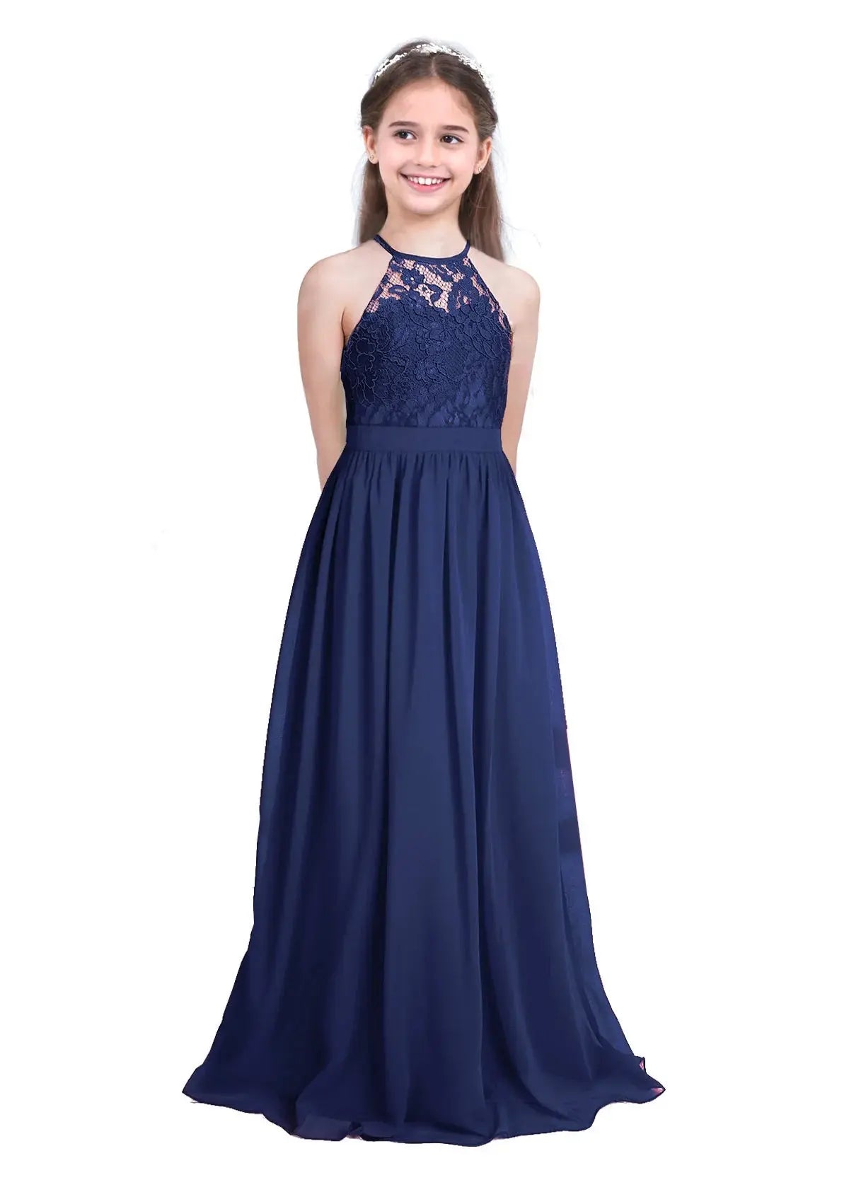 Kids Chiffon Floral Lace Cutout Back Flower Girl Dress Childs Girls Children Wedding Birthday Party Clothes Natalia Home Fashion Dress Navy-Blue-A-10 Natalia Home Fashion