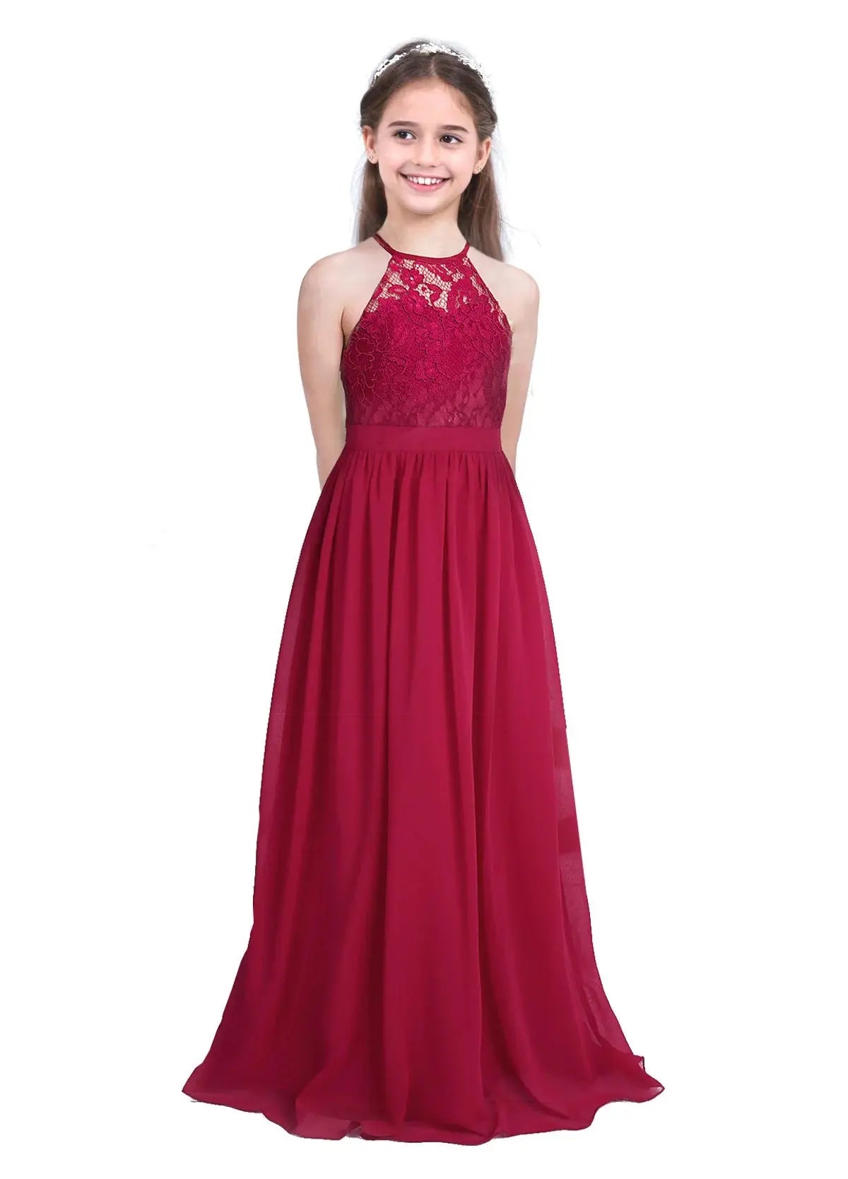 Kids Chiffon Floral Lace Cutout Back Flower Girl Dress Childs Girls Children Wedding Birthday Party Clothes Natalia Home Fashion Dress Burgundy-A-16 Natalia Home Fashion