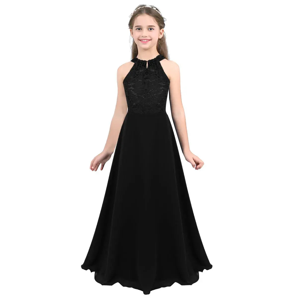Kids Chiffon Floral Lace Cutout Back Flower Girl Dress Childs Girls Children Wedding Birthday Party Clothes Natalia Home Fashion Dress Black-14 Natalia Home Fashion