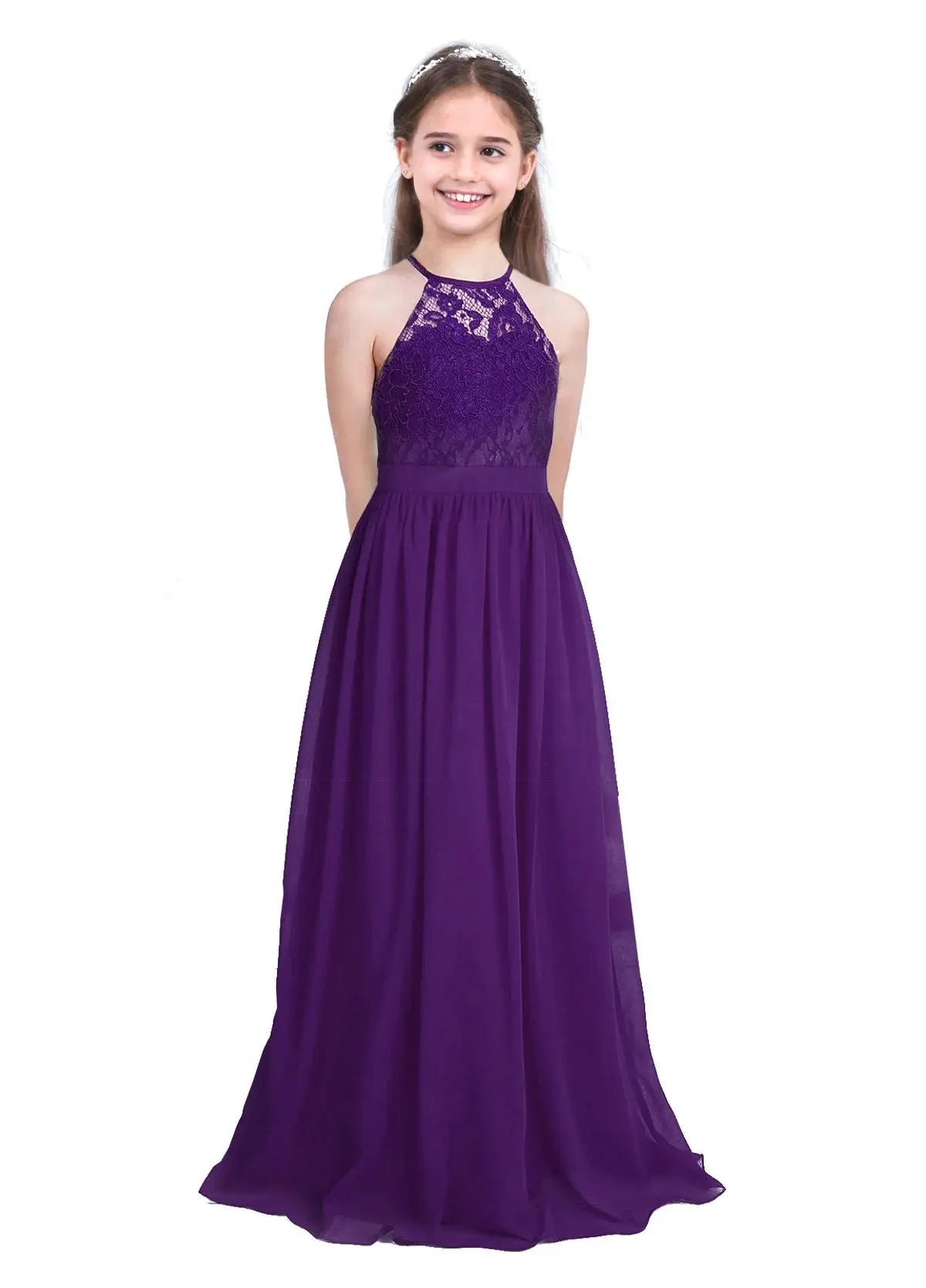 Kids Chiffon Floral Lace Cutout Back Flower Girl Dress Childs Girls Children Wedding Birthday Party Clothes Natalia Home Fashion Dress Deep-Purple-A-16 Natalia Home Fashion