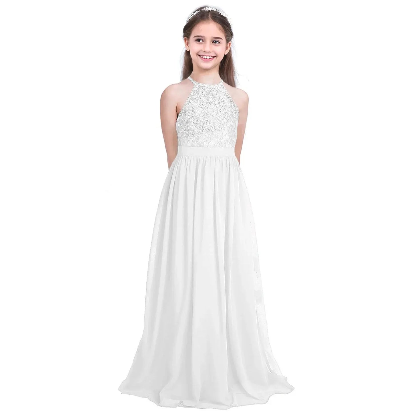 Kids Chiffon Floral Lace Cutout Back Flower Girl Dress Childs Girls Children Wedding Birthday Party Clothes Natalia Home Fashion Dress White-A-10 Natalia Home Fashion