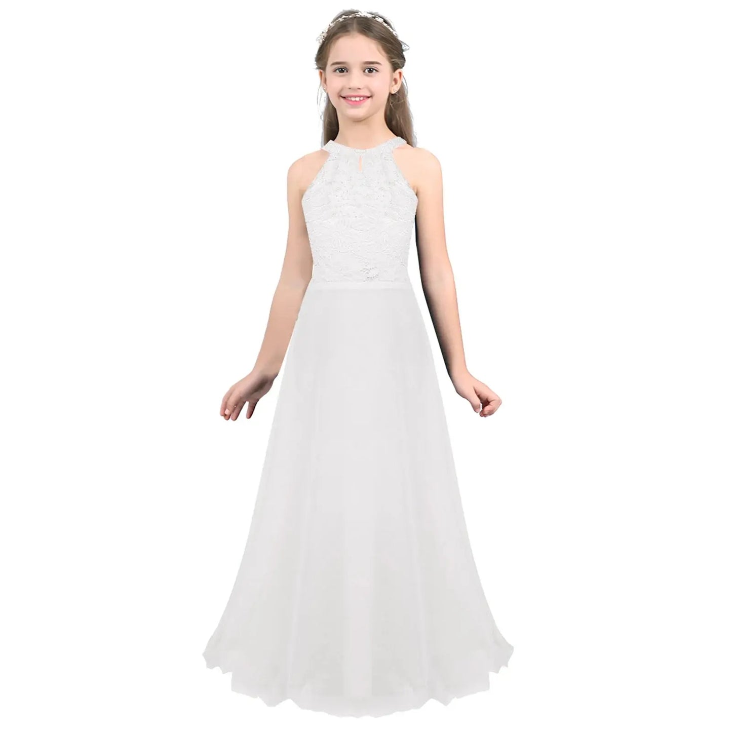 Kids Chiffon Floral Lace Cutout Back Flower Girl Dress Childs Girls Children Wedding Birthday Party Clothes Natalia Home Fashion Dress White-10 Natalia Home Fashion