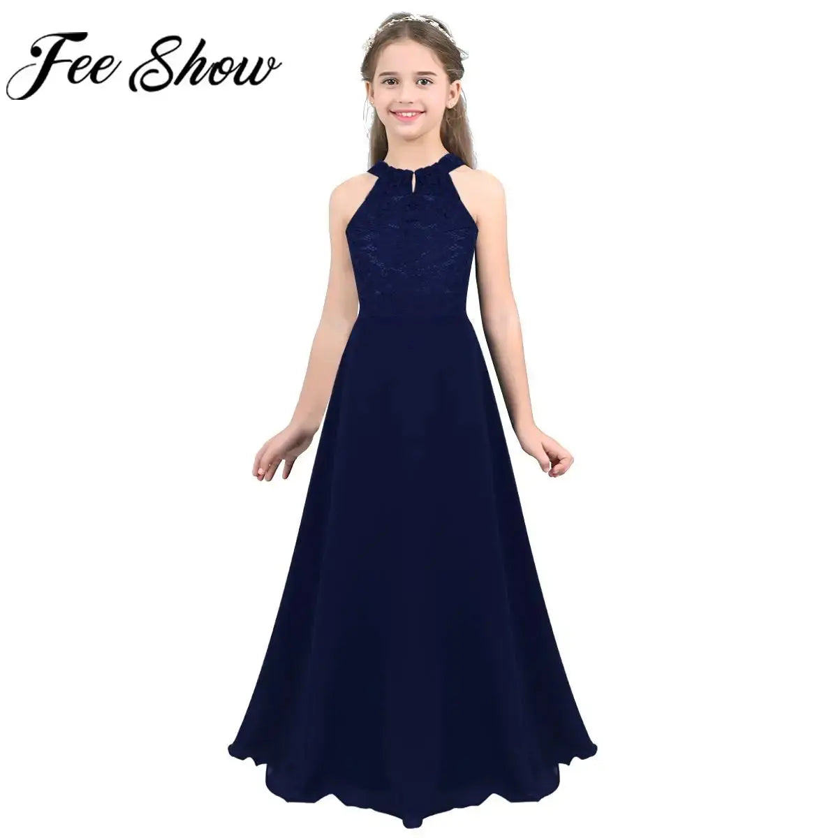 Kids Chiffon Floral Lace Cutout Back Flower Girl Dress Childs Girls Children Wedding Birthday Party Clothes Natalia Home Fashion Dress Natalia Home Fashion