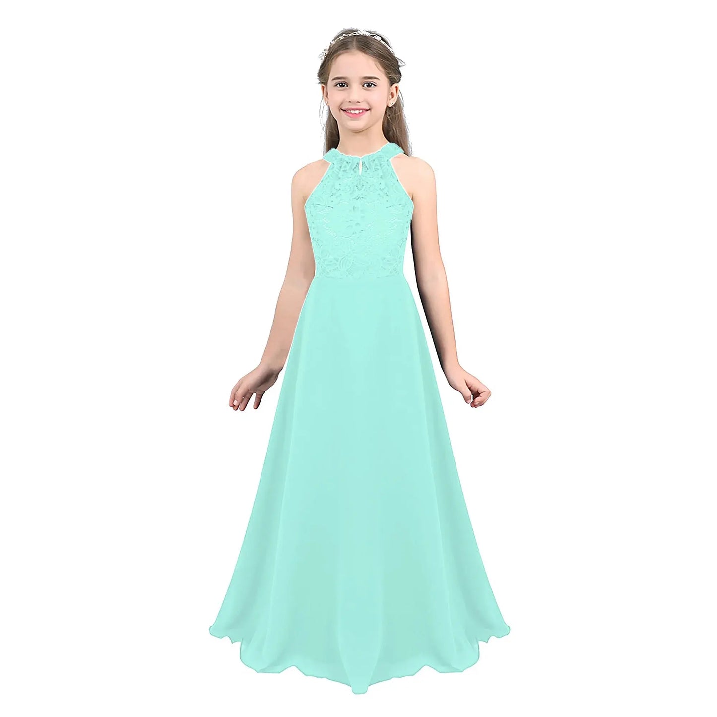 Kids Chiffon Floral Lace Cutout Back Flower Girl Dress Childs Girls Children Wedding Birthday Party Clothes Natalia Home Fashion Dress Mint-Green-14 Natalia Home Fashion