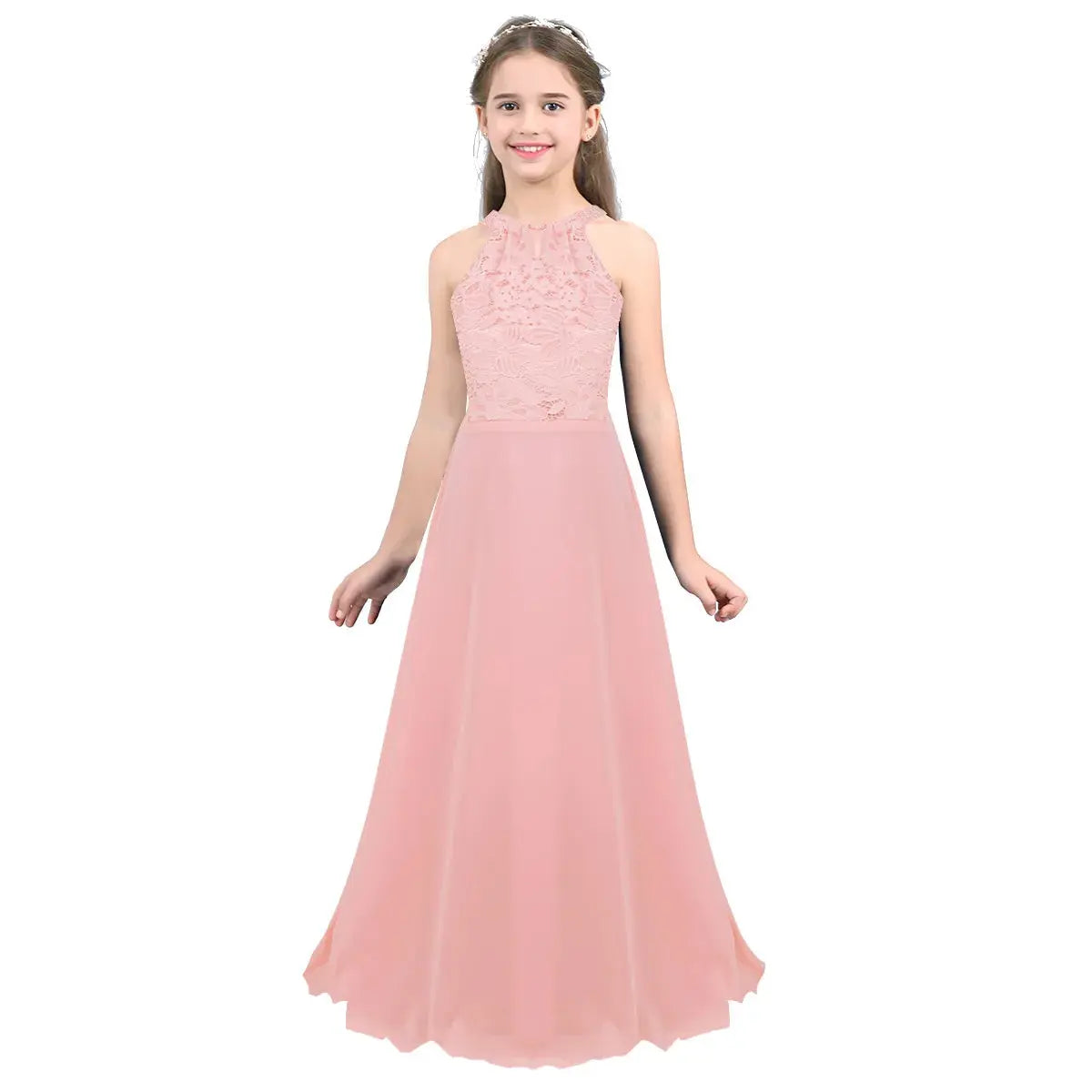 Kids Chiffon Floral Lace Cutout Back Flower Girl Dress Childs Girls Children Wedding Birthday Party Clothes Natalia Home Fashion Dress Pink-16 Natalia Home Fashion