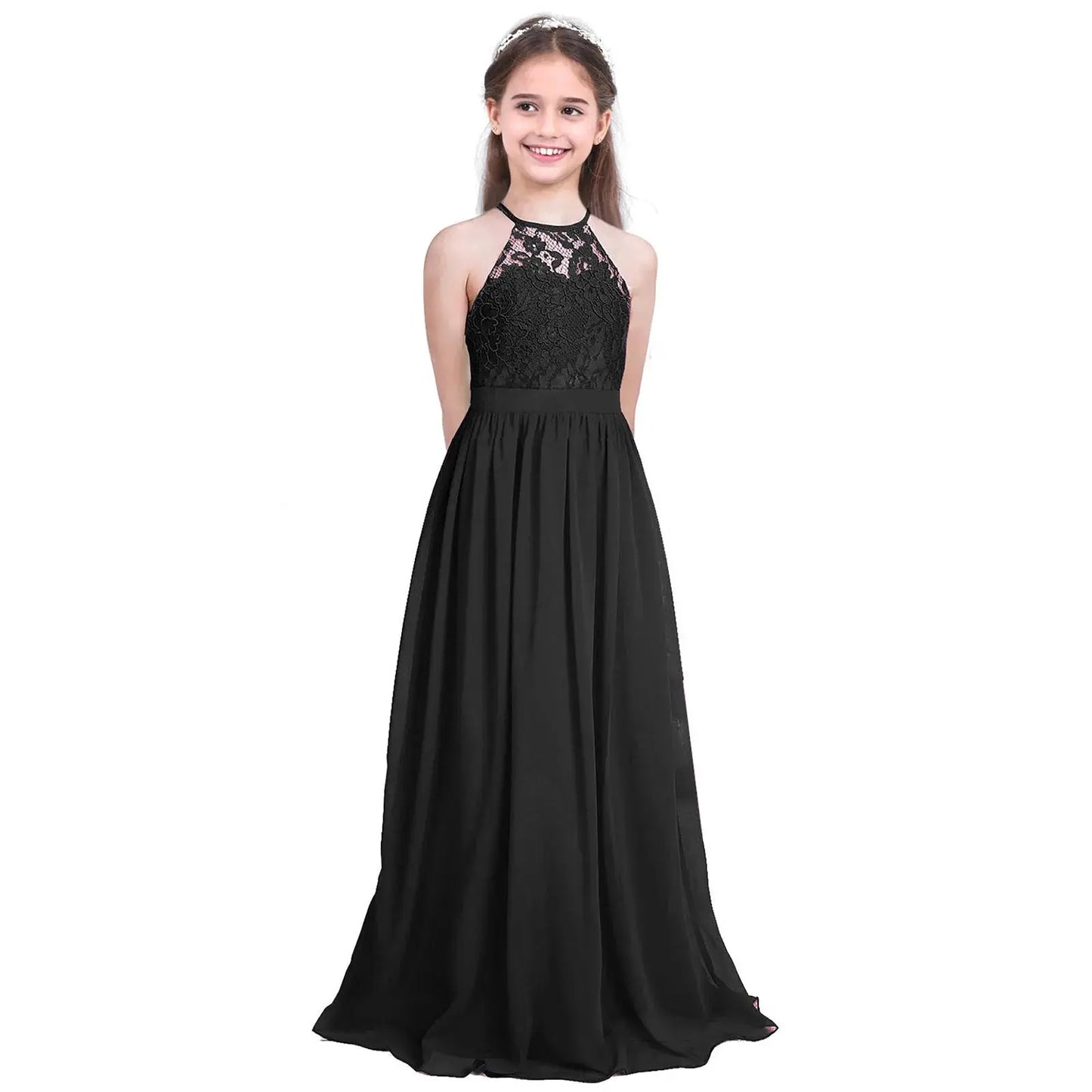 Kids Chiffon Floral Lace Cutout Back Flower Girl Dress Childs Girls Children Wedding Birthday Party Clothes Natalia Home Fashion Dress Black-A-8 Natalia Home Fashion
