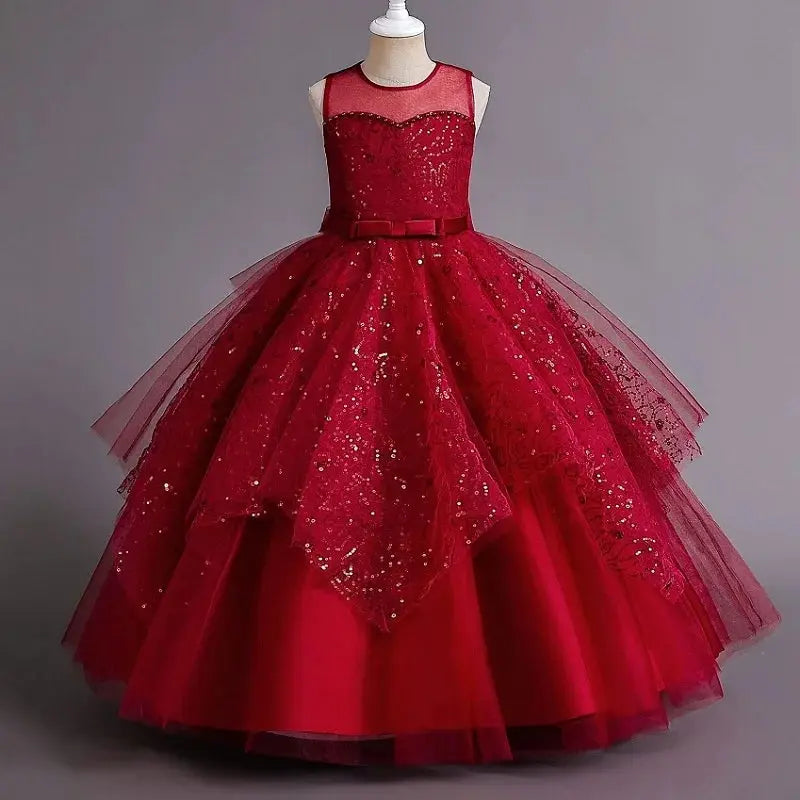 New Girls' Pearl Sequin Princess Dress 4-12 Years Old Bow Long Puffy Dress Banquet Host High end Flower Girl Evening Dress Natalia Home Fashion Natalia Home Fashion