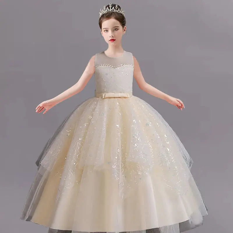 New Girls' Pearl Sequin Princess Dress 4-12 Years Old Bow Long Puffy Dress Banquet Host High end Flower Girl Evening Dress Natalia Home Fashion champagne-9T Natalia Home Fashion
