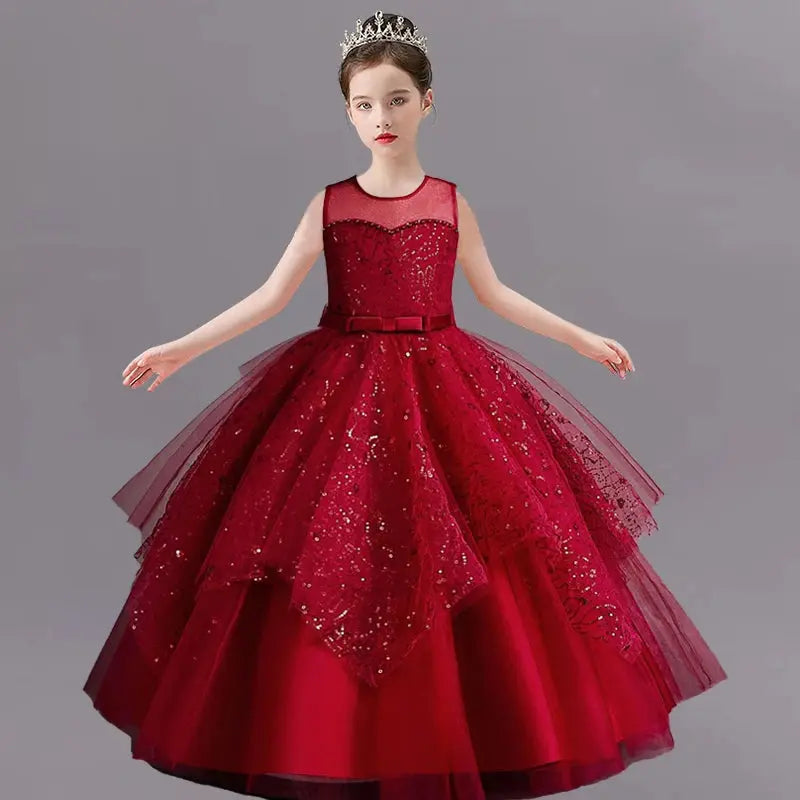 New Girls' Pearl Sequin Princess Dress 4-12 Years Old Bow Long Puffy Dress Banquet Host High end Flower Girl Evening Dress Natalia Home Fashion wine-red-9T Natalia Home Fashion