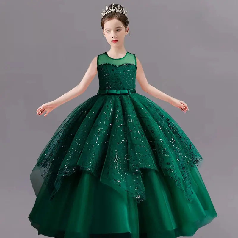 New Girls' Pearl Sequin Princess Dress 4-12 Years Old Bow Long Puffy Dress Banquet Host High end Flower Girl Evening Dress Natalia Home Fashion green-12T Natalia Home Fashion