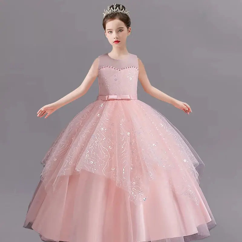 New Girls' Pearl Sequin Princess Dress 4-12 Years Old Bow Long Puffy Dress Banquet Host High end Flower Girl Evening Dress Natalia Home Fashion pink-11T Natalia Home Fashion
