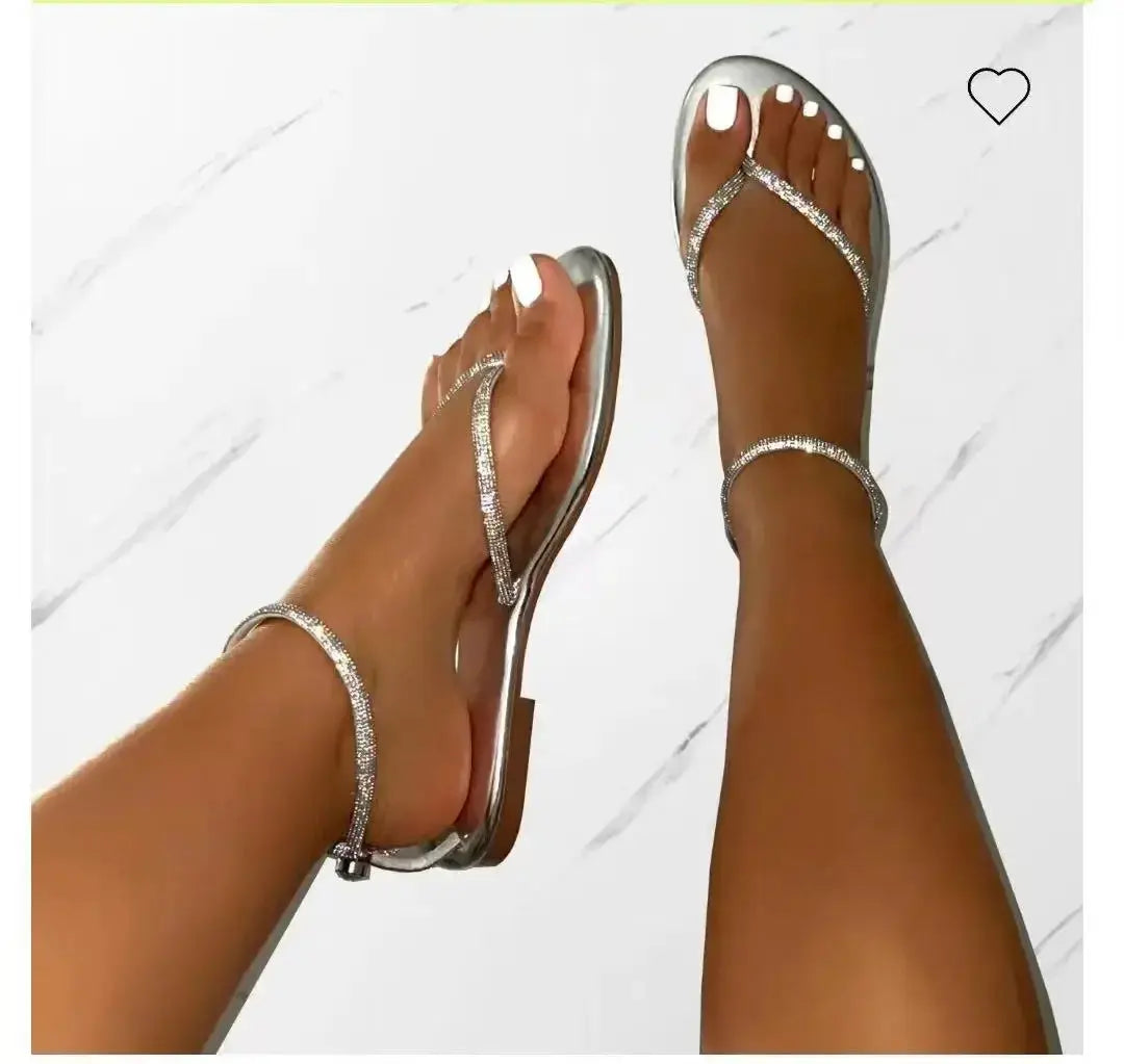 New Rhinestone Decor Toe Post Thong Flip-flops Women Slides Outdoor Non-slip Beach Sandals 2024 Summer New Women Slippers Natalia Home Fashion Silver-43 Natalia Home Fashion