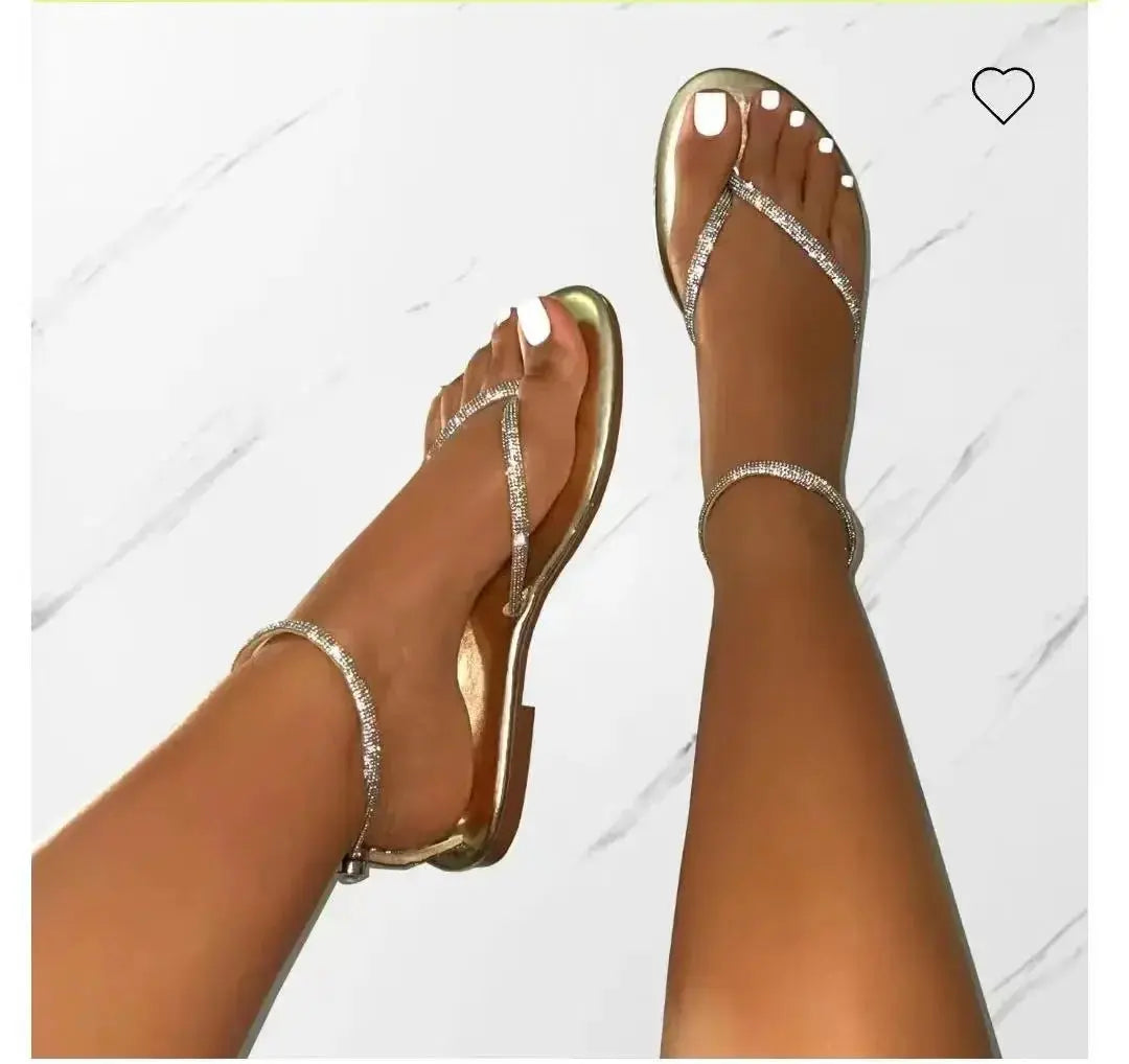 New Rhinestone Decor Toe Post Thong Flip-flops Women Slides Outdoor Non-slip Beach Sandals 2024 Summer New Women Slippers Natalia Home Fashion Gold-43 Natalia Home Fashion