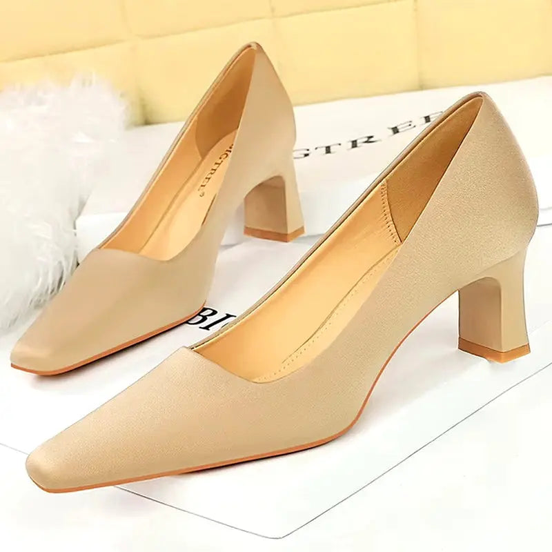 New Silks Satins thick heel pumps Women's Shoes Square Head Women Pumps Professional OL Office High Heels My Store