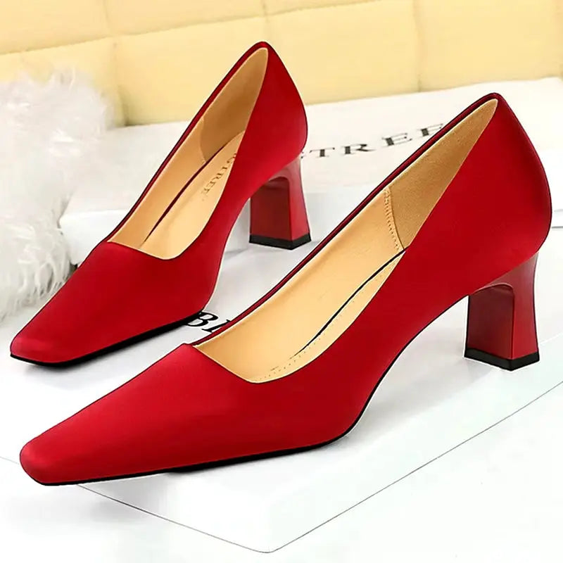 New Silks Satins thick heel pumps Women's Shoes Square Head Women Pumps Professional OL Office High Heels My Store