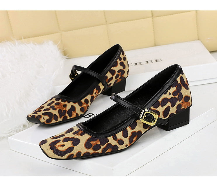Heels Women Vintage Mary Jane shoes Metal leopard print square head Women Pumps Low heel high heels Suede