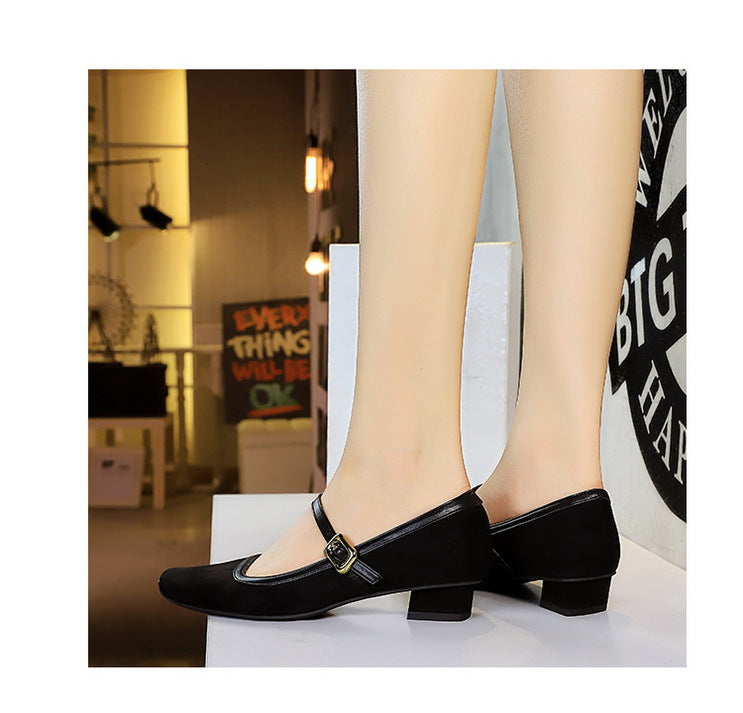 Heels Women Vintage Mary Jane shoes Metal leopard print square head Women Pumps Low heel high heels Suede