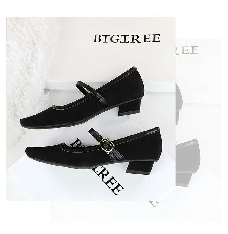 Heels Women Vintage Mary Jane shoes Metal leopard print square head Women Pumps Low heel high heels Suede