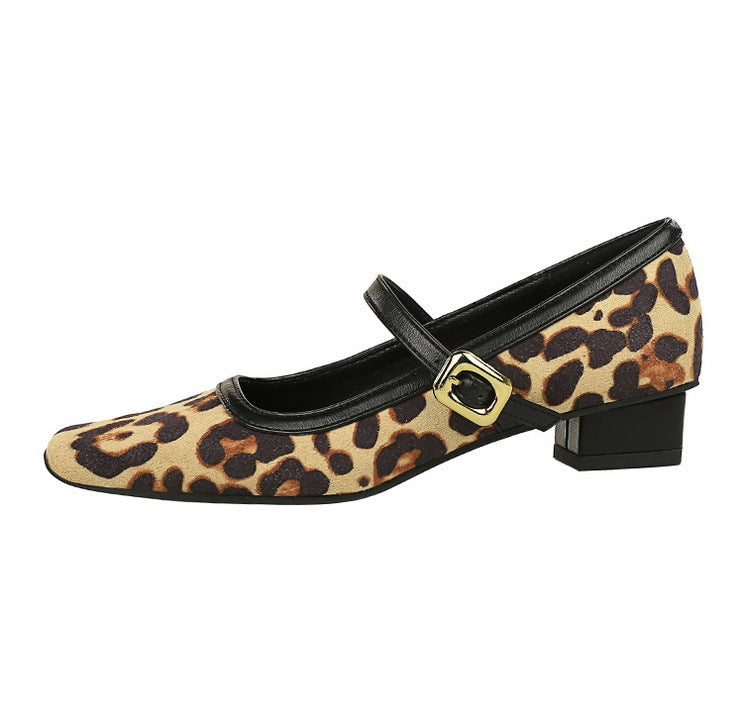 Heels Women Vintage Mary Jane shoes Metal leopard print square head Women Pumps Low heel high heels Suede