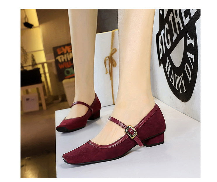 Heels Women Vintage Mary Jane shoes Metal leopard print square head Women Pumps Low heel high heels Suede