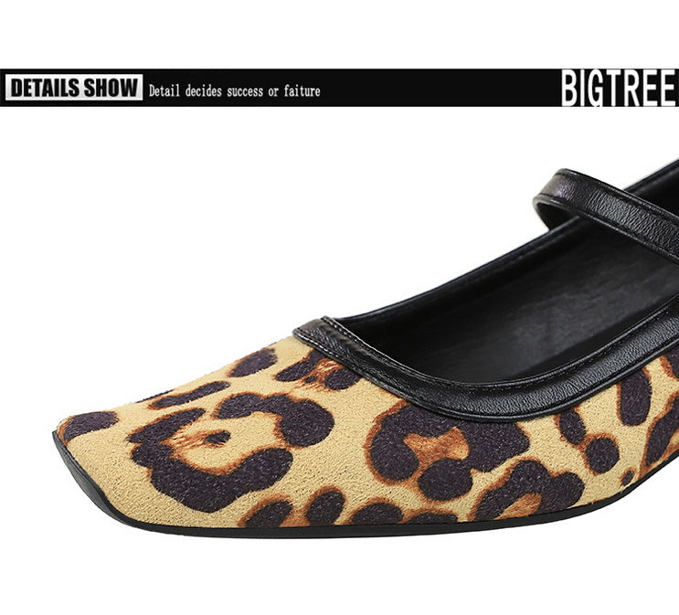 Heels Women Vintage Mary Jane shoes Metal leopard print square head Women Pumps Low heel high heels Suede