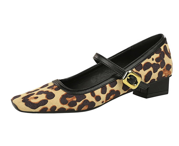 Heels Women Vintage Mary Jane shoes Metal leopard print square head Women Pumps Low heel high heels Suede