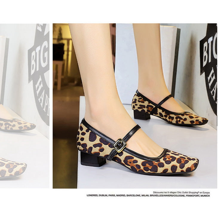 Heels Women Vintage Mary Jane shoes Metal leopard print square head Women Pumps Low heel high heels Suede