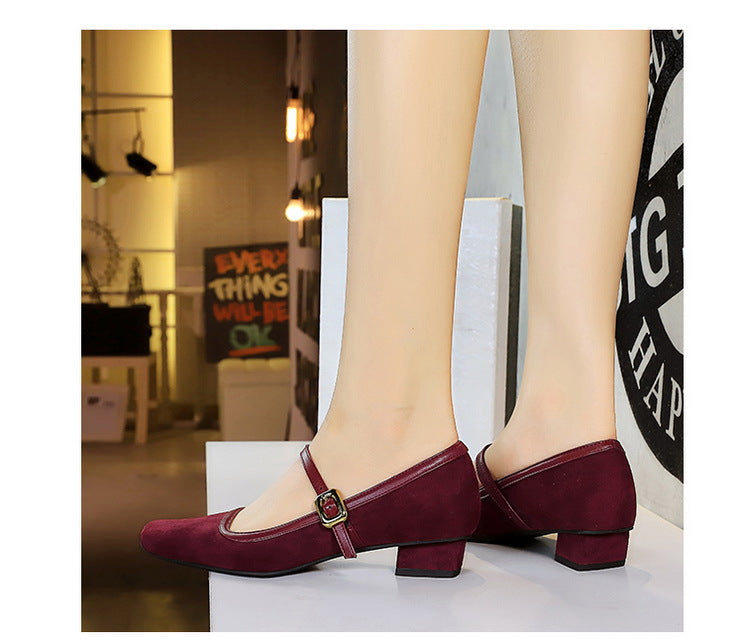 Heels Women Vintage Mary Jane shoes Metal leopard print square head Women Pumps Low heel high heels Suede