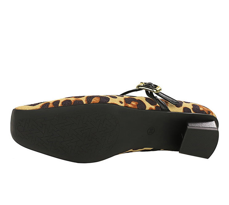 Heels Women Vintage Mary Jane shoes Metal leopard print square head Women Pumps Low heel high heels Suede