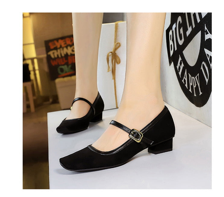 Heels Women Vintage Mary Jane shoes Metal leopard print square head Women Pumps Low heel high heels Suede