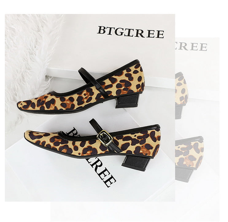 Heels Women Vintage Mary Jane shoes Metal leopard print square head Women Pumps Low heel high heels Suede