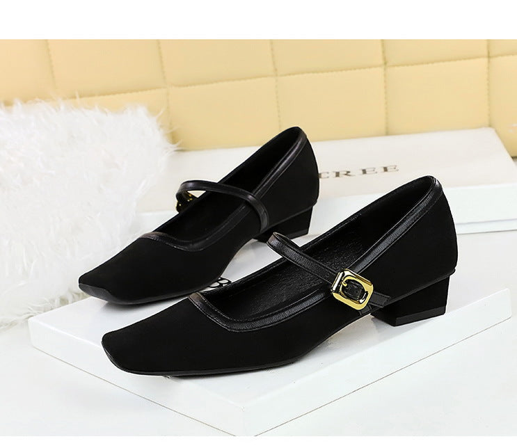 Heels Women Vintage Mary Jane shoes Metal leopard print square head Women Pumps Low heel high heels Suede