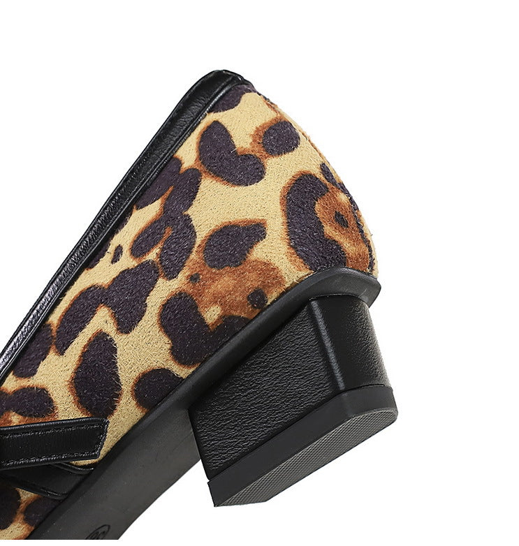 Heels Women Vintage Mary Jane shoes Metal leopard print square head Women Pumps Low heel high heels Suede