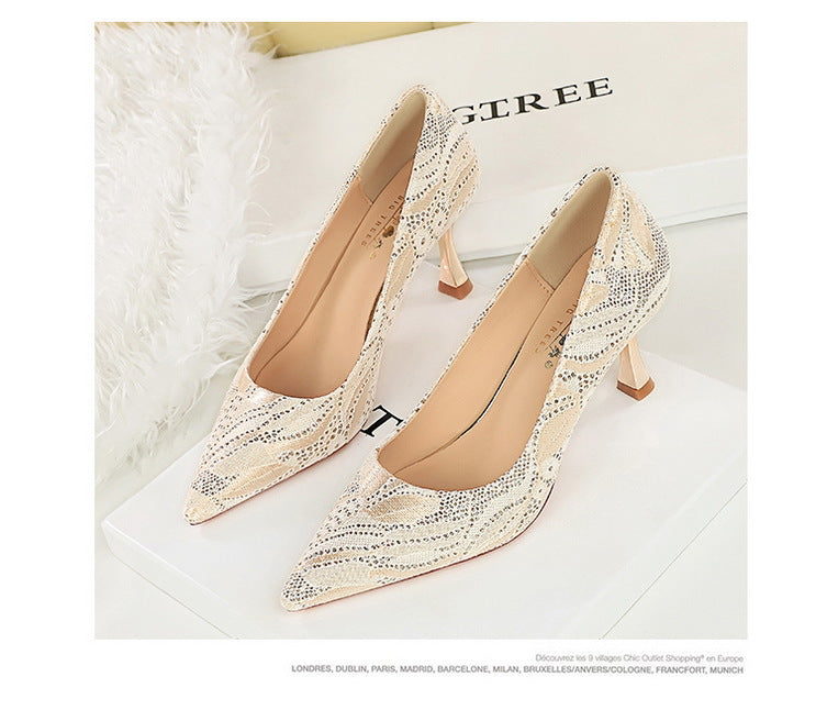 Shoes Lace glitter fabric women pumps Design Kitten heels Women shoes Female Occupation Office Shoes