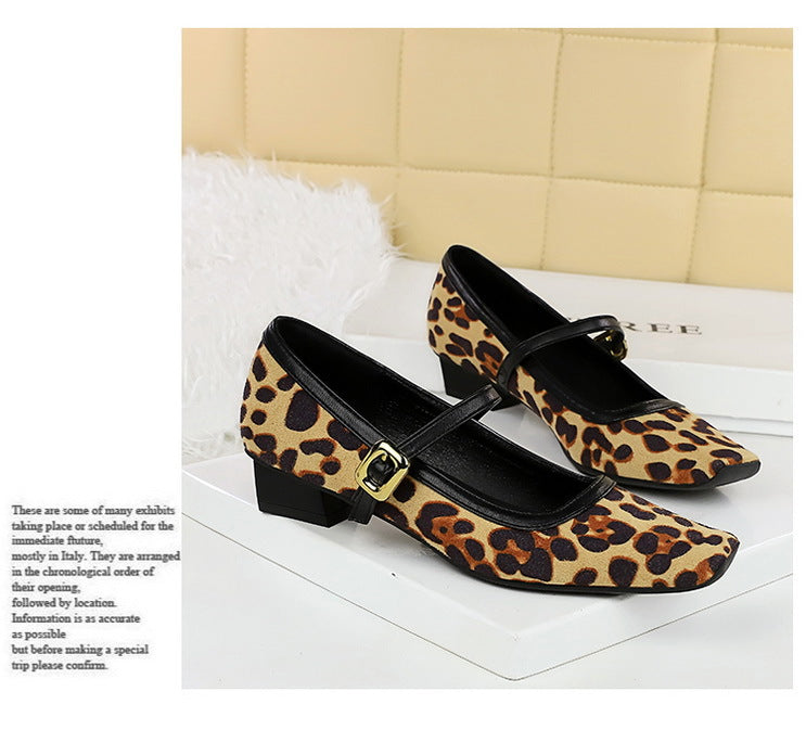 Heels Women Vintage Mary Jane shoes Metal leopard print square head Women Pumps Low heel high heels Suede
