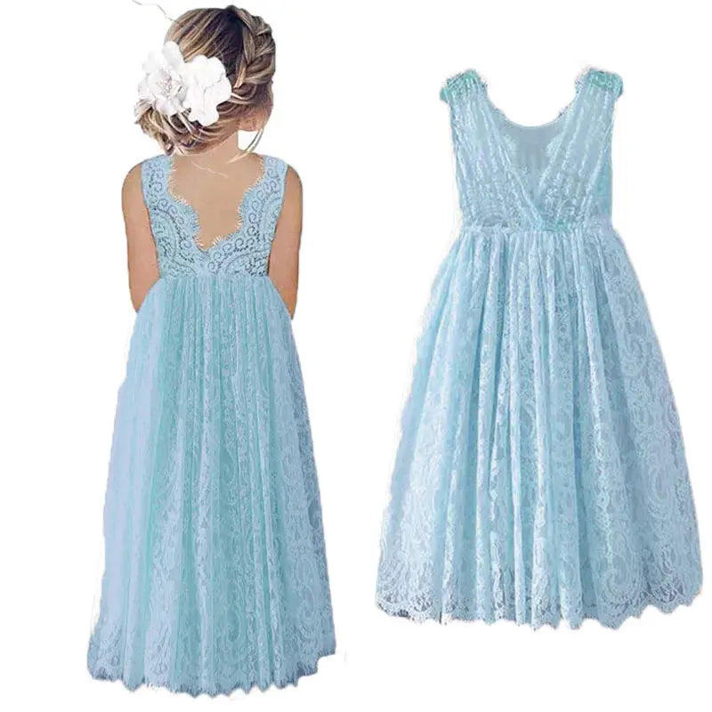 Princess Girls Cotton Lace Party Long Dress Baby Kids Flower Girl Wedding Birthday Children Clothing Natalia Home Fashion SkyBlue-7 Natalia Home Fashion