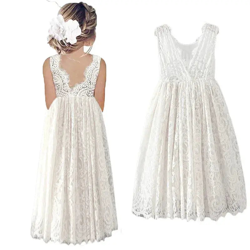 Princess Girls Cotton Lace Party Long Dress Baby Kids Flower Girl Wedding Birthday Children Clothing Natalia Home Fashion White-3T Natalia Home Fashion